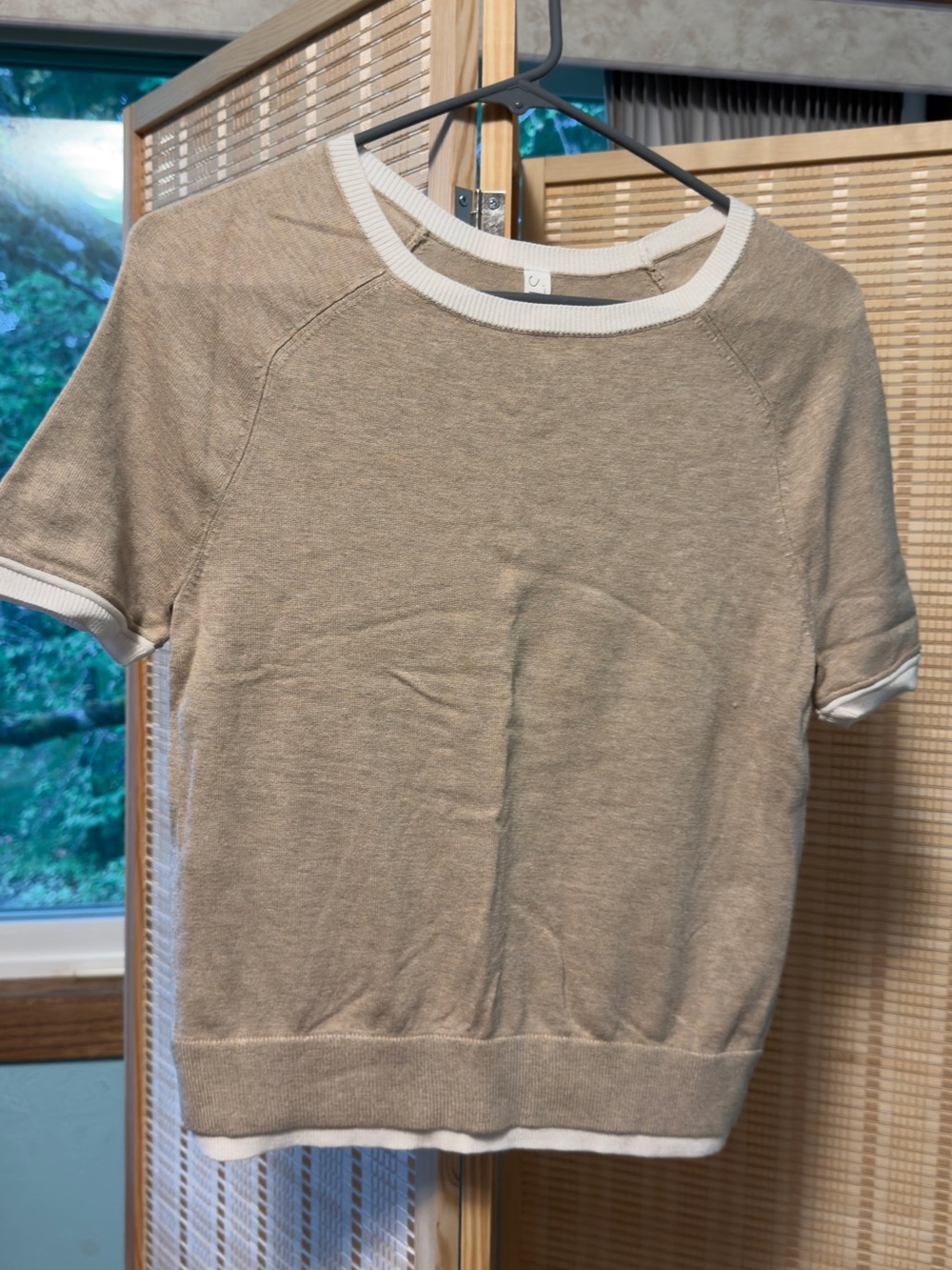 Beige Short-Sleeve Knit Top with White Trim